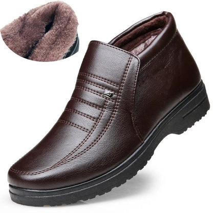 Premium cotton leather men's ankle boots in black and brown, featuring plush lining and durable rubber sole for warmth and stability in cold weather