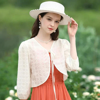 Elegant Summer Lace Jacket for Women - Vintage-inspired style with floral and lace design, puff sleeves, and wide-waisted cut for a flattering silhouette.