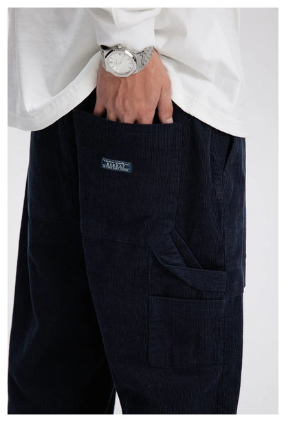 Retro corduroy straight-leg casual trousers for men in khaki and navy blue colours