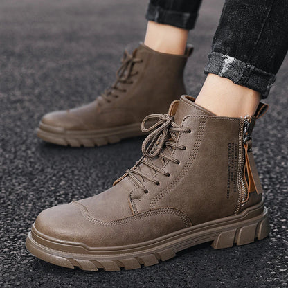 High-top tooling men's boots in classic British desert shoe style with round toe and middle heel