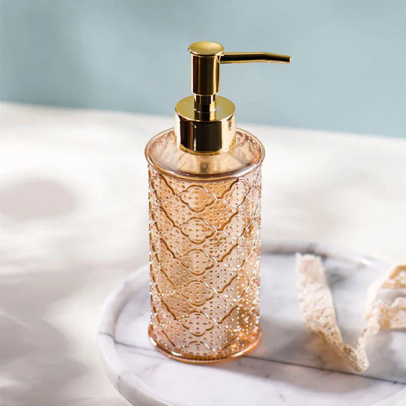 Elegant 280ml glass soap dispenser in pink colour, suitable for bathroom and kitchen use