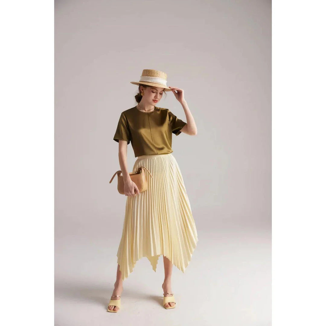 Elegant women's summer tee made of premium mulberry silk with classic O-neck design and short sleeves
