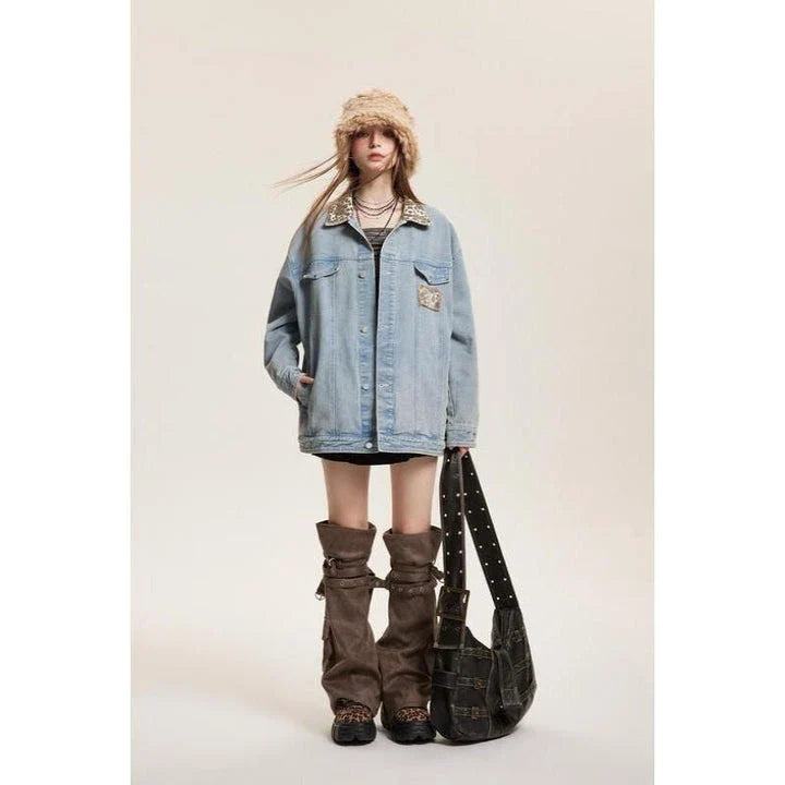 Stylish leopard print denim jacket with a comfortable and versatile design