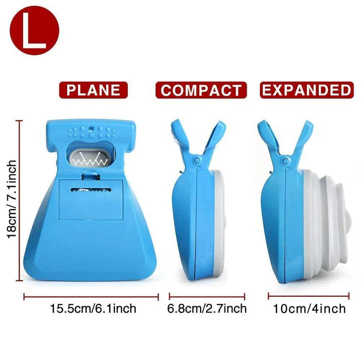Foldable dog waste scoop with wide, comfortable grip for easy one-handed cleanup on any surface