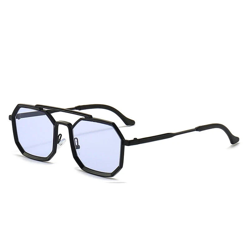 Stylish polygonal double bridge sunglasses with metal frames and mirror-coated lenses for men and women
