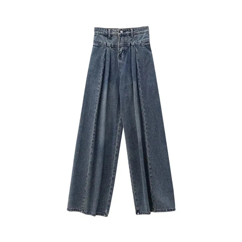 Relaxed fit wide-leg denim trousers in a classic blue colour, featuring a high-waisted design for a flattering fit.