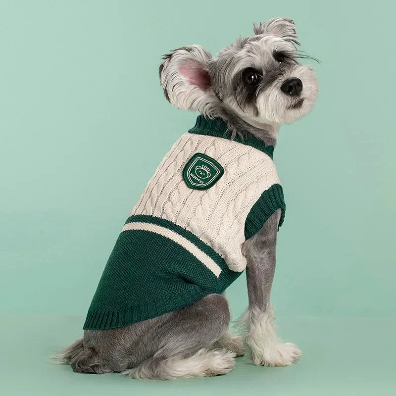 College-style pet dog sweater in green, red, and blue colours, designed for small and medium-sized dogs
