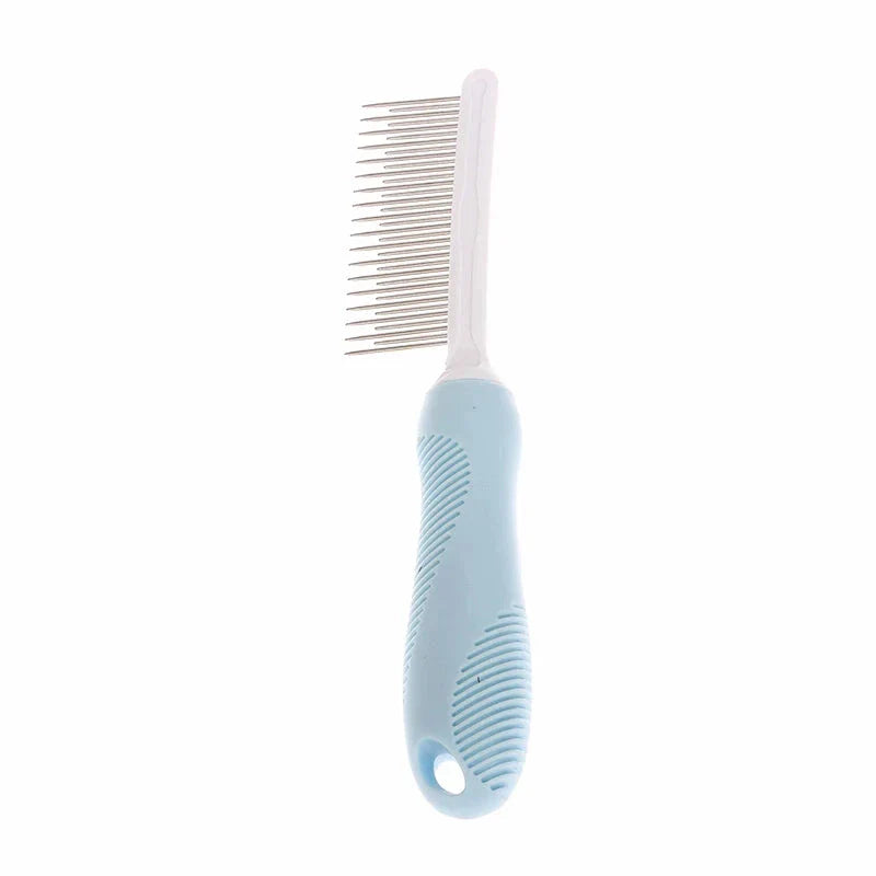 Premium pet grooming comb with dual-pronged stainless steel teeth for deep, gentle fur and debris removal