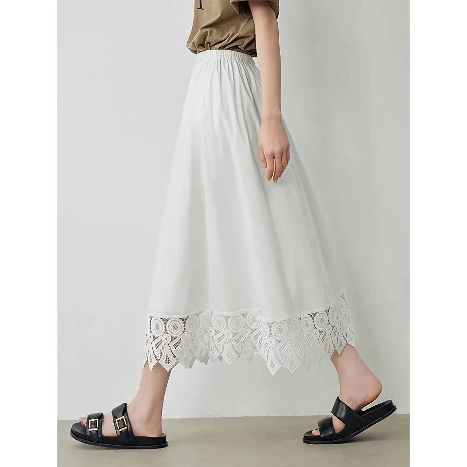 Elegant lace-spliced A-line midi skirt in beige, suitable for various occasions