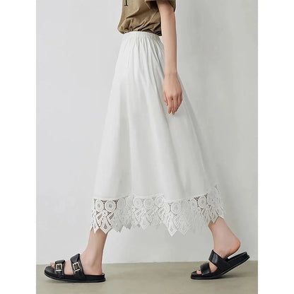 Elegant lace-spliced A-line midi skirt in beige, suitable for various occasions