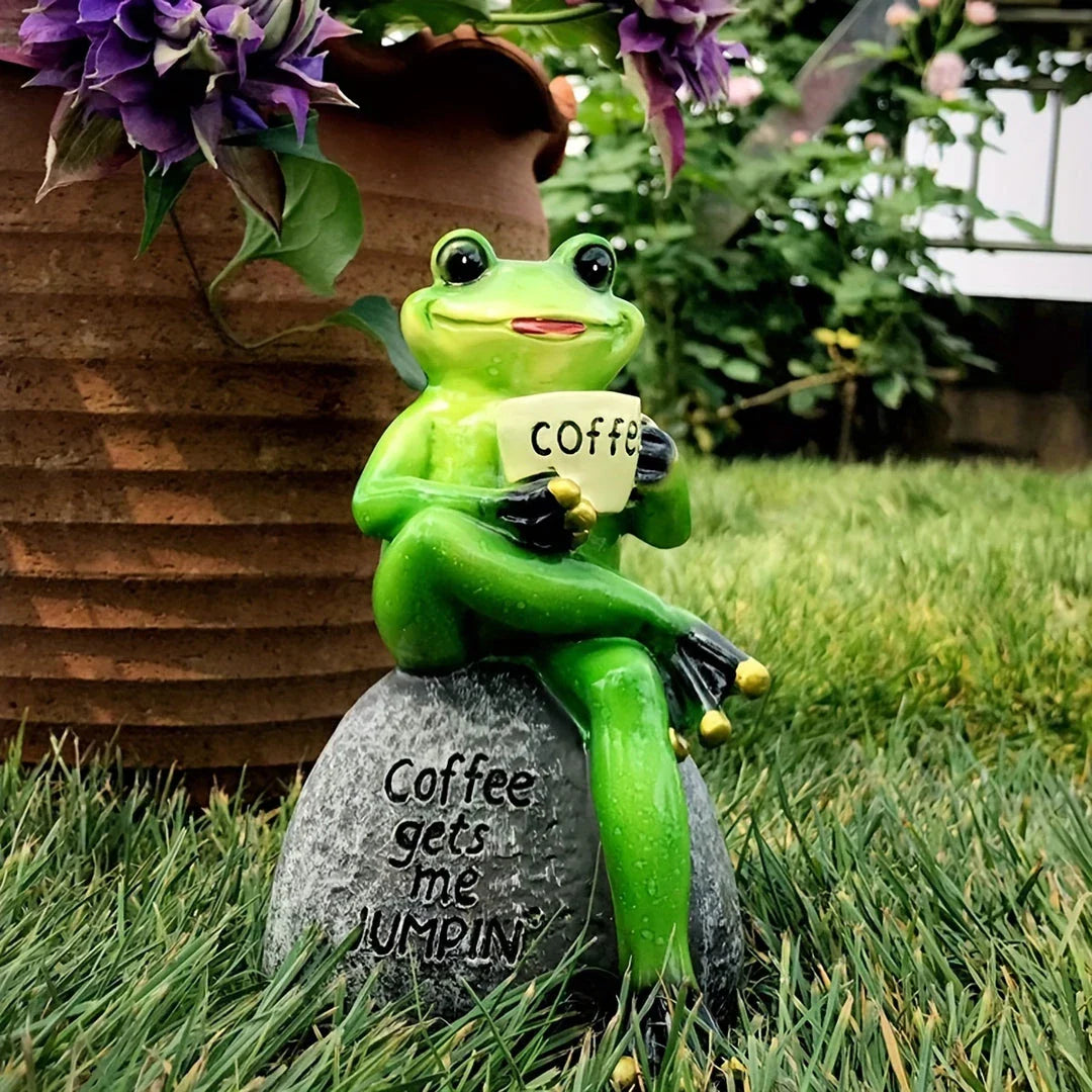 A charming resin frog statue with a playful design, perfect for adding a touch of whimsy to your garden or patio decor.