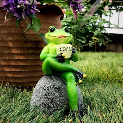 A charming resin frog statue with a playful design, perfect for adding a touch of whimsy to your garden or patio decor.