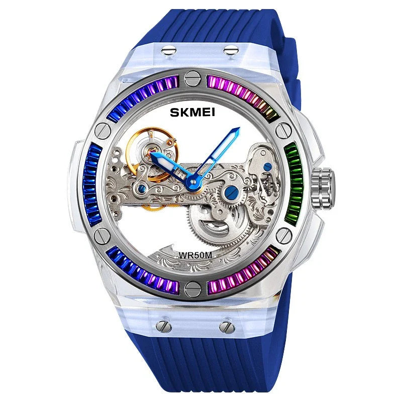 Sophisticated mechanical automatic wrist watch with hollow movement, showcasing intricate British design and craftsmanship