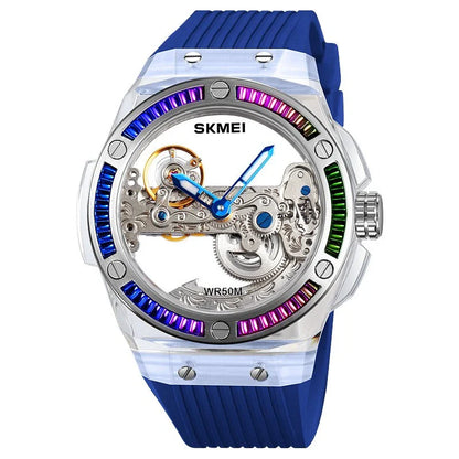 Sophisticated mechanical automatic wrist watch with hollow movement, showcasing intricate British design and craftsmanship