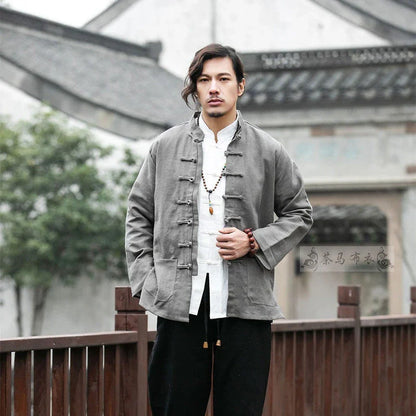 Stylish men's coat with a traditional Tang-style silhouette, made from a breathable cotton-linen blend and featuring a modern colour-block pattern