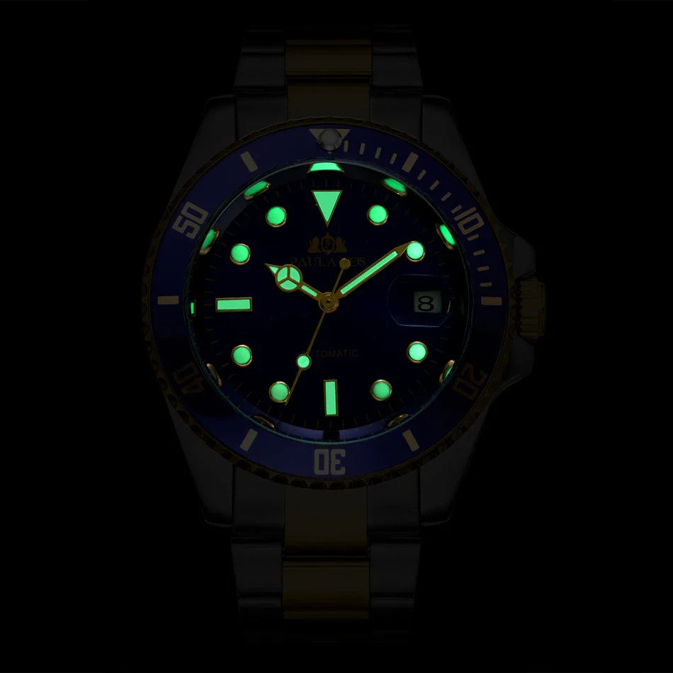 Elegant automatic watch with luminous hands and indices, showcasing British watchmaking excellence