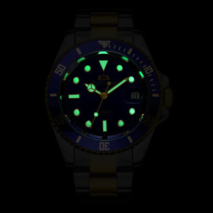 Elegant automatic watch with luminous hands and indices, showcasing British watchmaking excellence