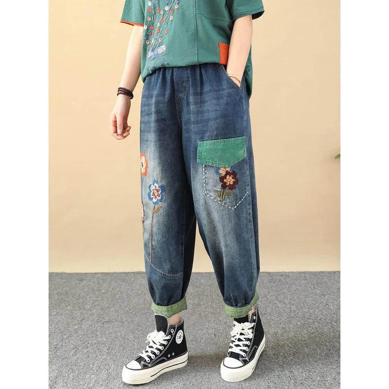 Stylish embroidered patchwork ankle-length harem jeans with a comfortable, versatile design