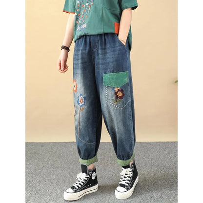 Stylish embroidered patchwork ankle-length harem jeans with a comfortable, versatile design