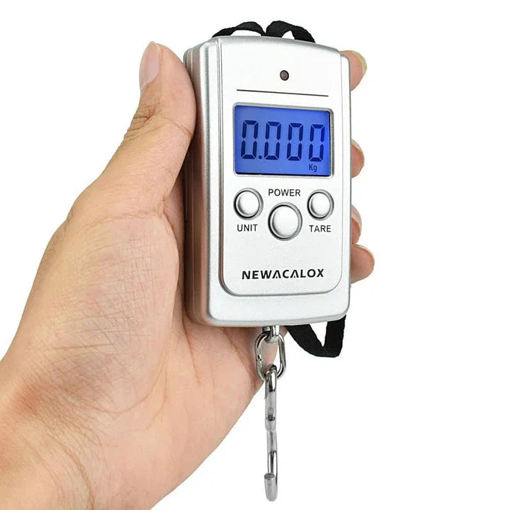 Premium portable digital luggage scale with weighing hook for travel, made with durable ABS plastic and featuring an easy-to-read LCD display