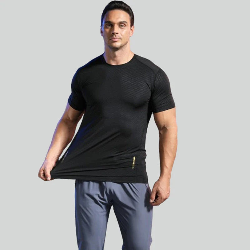 Men's summer sports t-shirt in black, white, grey, navy, and lake blue colours with quick-drying, breathable, and UV-protective features