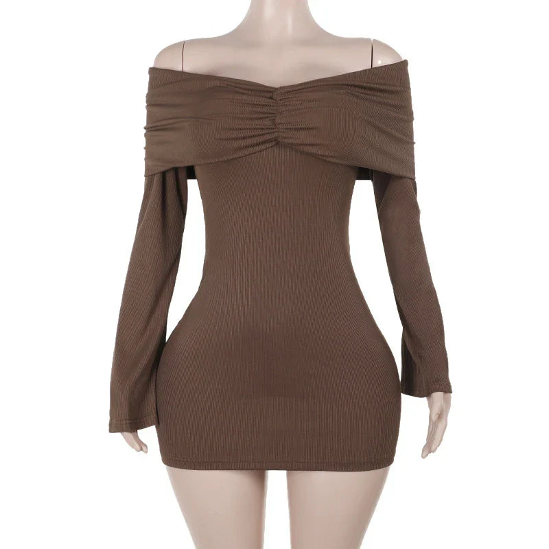 Trendha Slim-Fit Pleated Off-Shoulder Dress in Brown with Long Sleeves