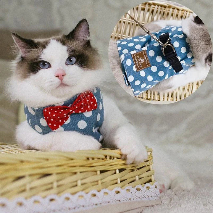 Premium cat harness with adjustable straps and leash for outdoor adventures, featuring a sophisticated gentleman's style design.