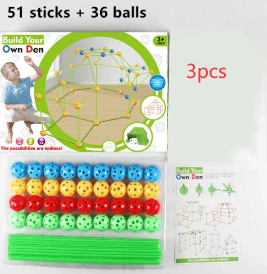 Children's DIY bead tent fort building kit with plastic balls and tubes for creative play and imagination development