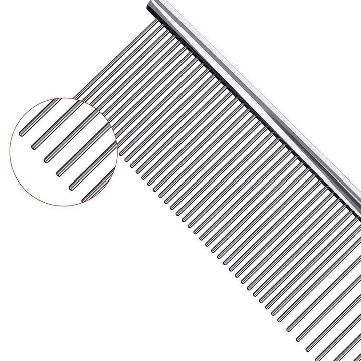 A chrome-plated pet grooming comb with a sleek and durable design, suitable for gently brushing and maintaining your furry friend's coat.
