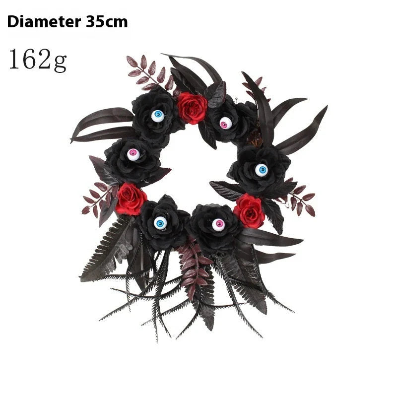 Artificial Halloween rose eyeball garland decoration with lifelike eyeballs and feathery rose blooms