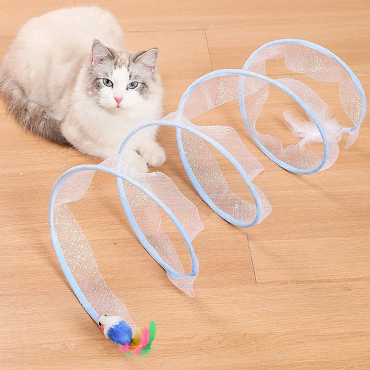 Interactive foldable cat tunnel with soft feather toys and hidden mouse, designed to engage and entertain your feline friend.