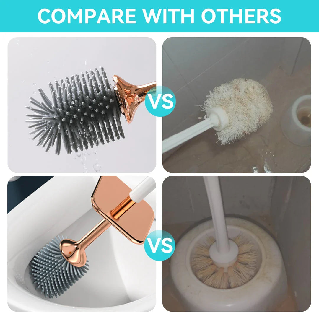 Premium silicone toilet brush and holder set in black and white with rose gold accents, designed for effortless bathroom cleaning and elegant decor