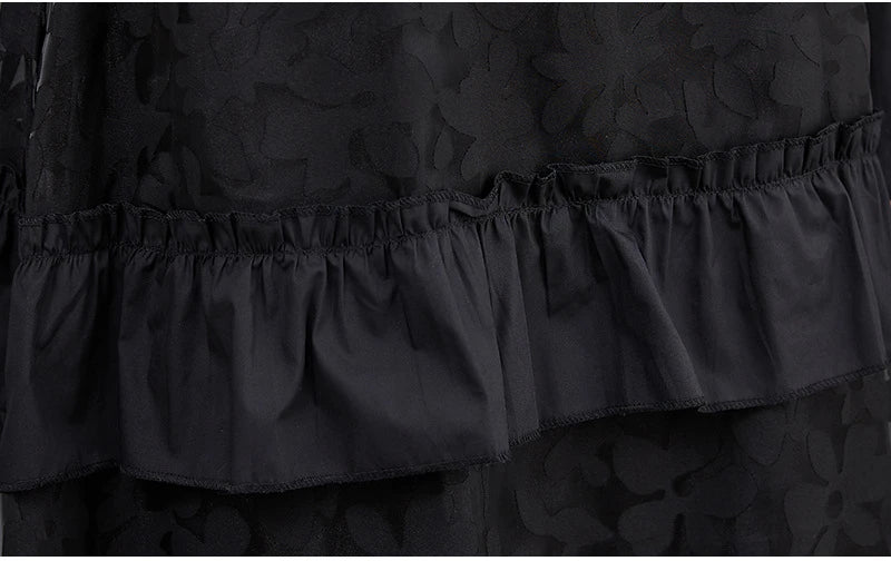 Stylish plus size dress in sophisticated black mesh fabric with wide waistline and long sleeves