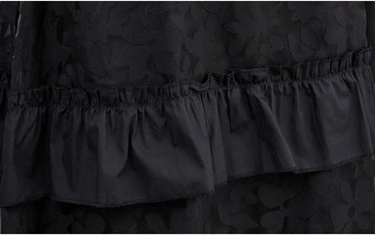 Stylish plus size dress in sophisticated black mesh fabric with wide waistline and long sleeves