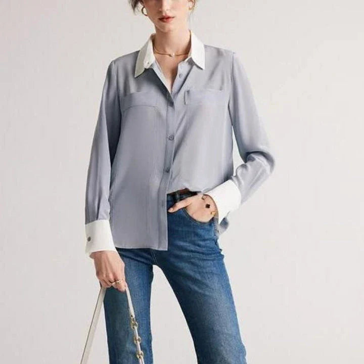 Sophisticated 100% Mulberry silk crepe de chine dress shirt for stylish women in the UK, offering elegance, comfort and versatility.
