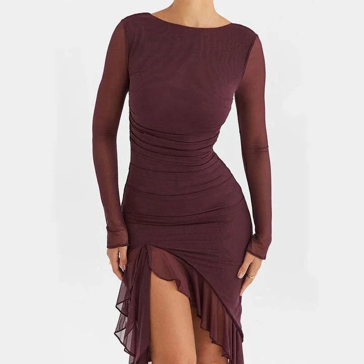 Elegant Ruffled and Ruched Mini Dress in Wine Red with a backless, ruffled, and ruched design for a stylish statement