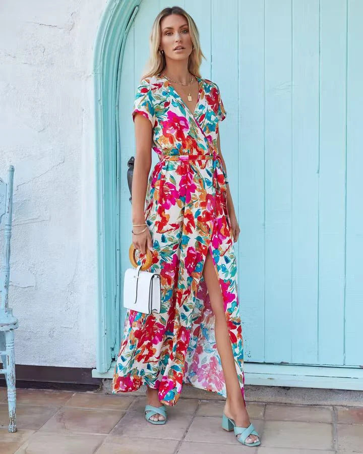 Premium lace-up v-neck printed midi dress for women in picture colour