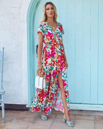 Premium lace-up v-neck printed midi dress for women in picture colour
