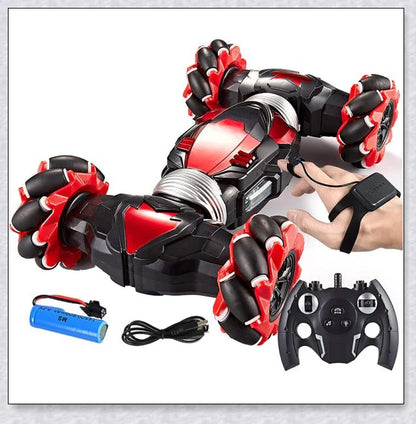 Remote control stunt car with 360-degree rotation, flips, and built-in colourful lights and music for exciting playtime