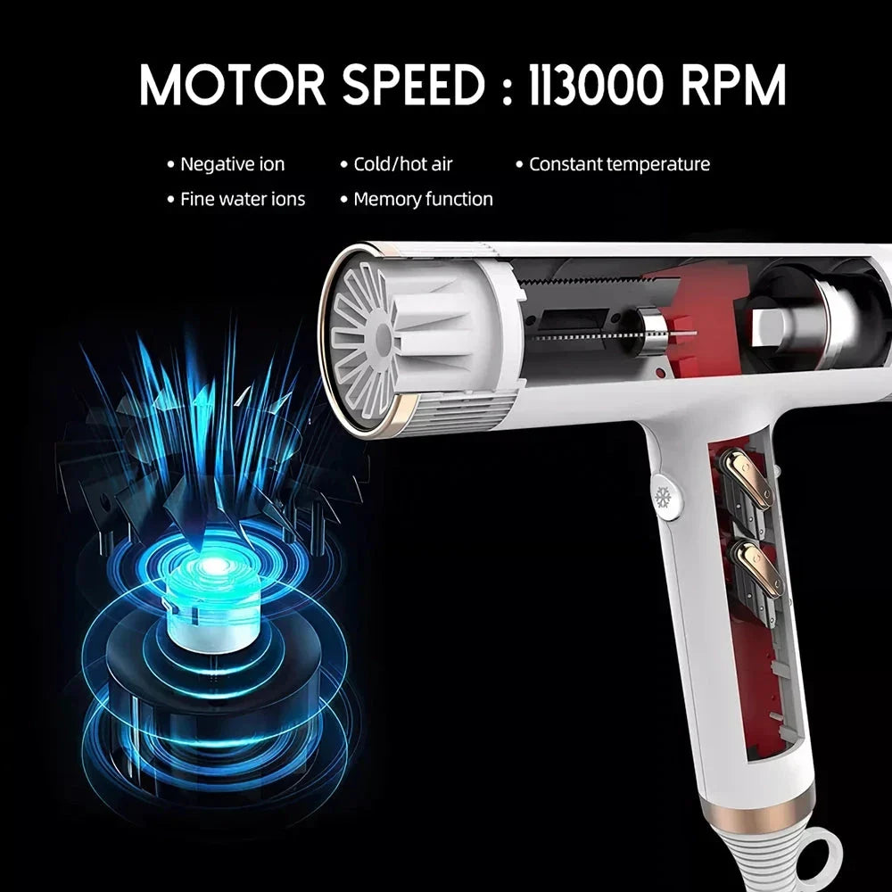 Ultra-fast professional hair dryer with 113,000 rpm/min motor, LCD display, and anion technology for healthy, shiny hair