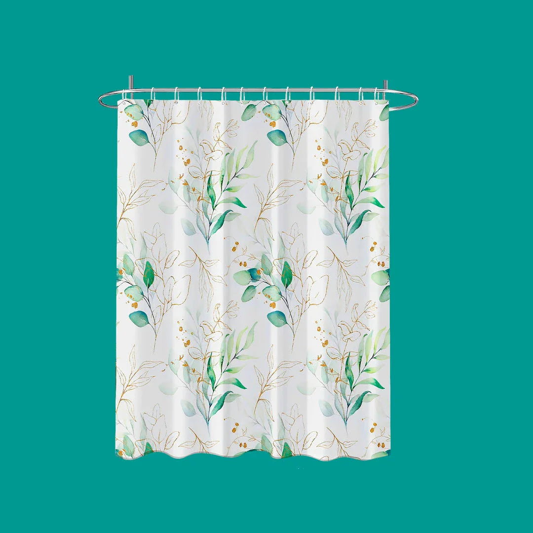 Elegant leaf-patterned waterproof shower curtain with a nature-inspired design, suitable for UK bathrooms