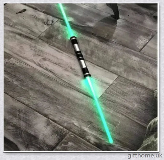 Premium dual-bladed lightsaber with sleek silver hilt, vibrant light modes, and sound effects for authentic Star Wars gameplay