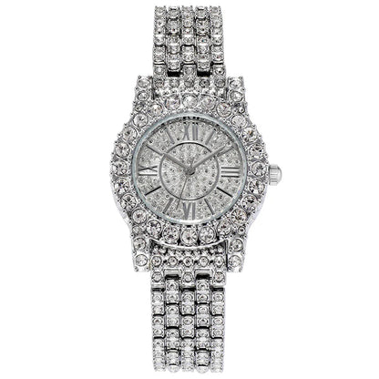 Elegant rhinestone-encrusted waterproof quartz watch with a sleek, round dial in gold, silver, or middle gold finishes