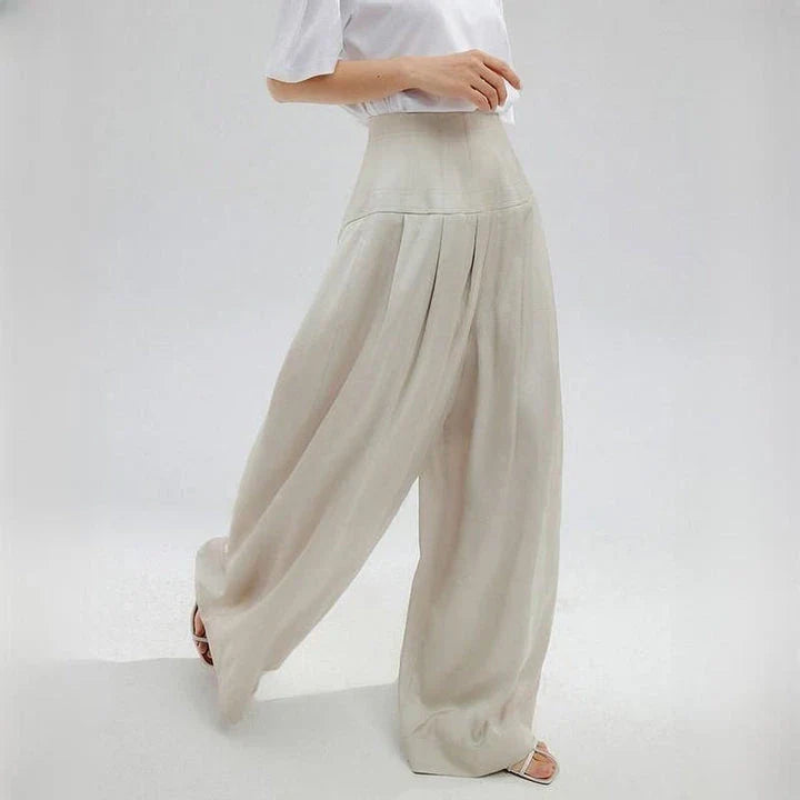 Elegant high-waisted wide-leg trousers for stylish women, featuring a unique patchwork design and premium cotton-polyester blend fabric