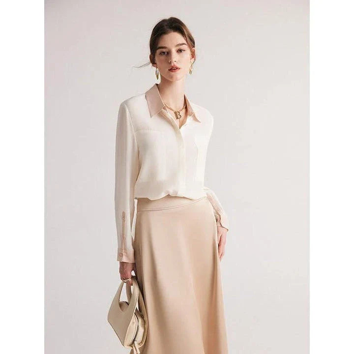 Refined Mulberry Silk Crepe de Chine Blouse in White, Ivory, Navy, and Black colours, featuring elegant patchwork design and turn-down collar for versatile office and casual wear.