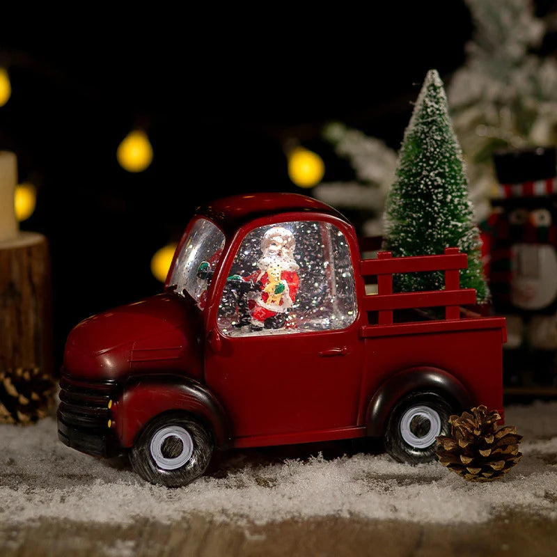A festive car-mounted crystal ball ornament with a bronze snowman design, playing classic Christmas music.