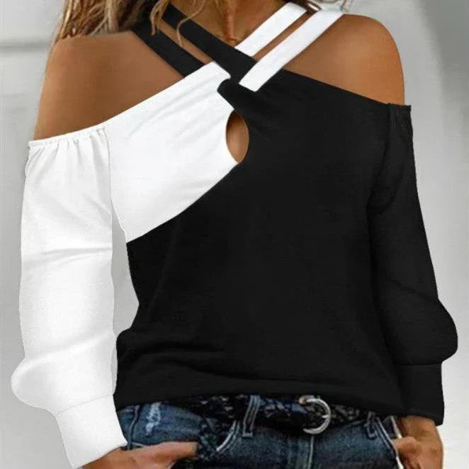 Premium patchwork blouse in black with a unique collage/splicing design, made from high-quality polyester for versatile style and comfort.
