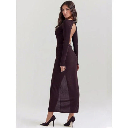 Elegant Pleated Maxi Dress in Brown, featuring a sophisticated o-neckline, full-length sleeves, and a captivating backless design.