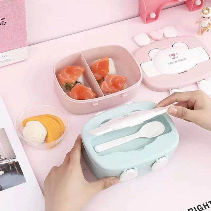 Colourful and stylish children's double lunch box with bear or kitten graphics, featuring two separate compartments for organised packing