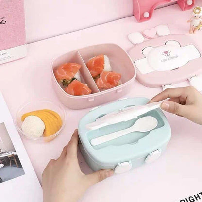 Colourful and stylish children's double lunch box with bear or kitten graphics, featuring two separate compartments for organised packing